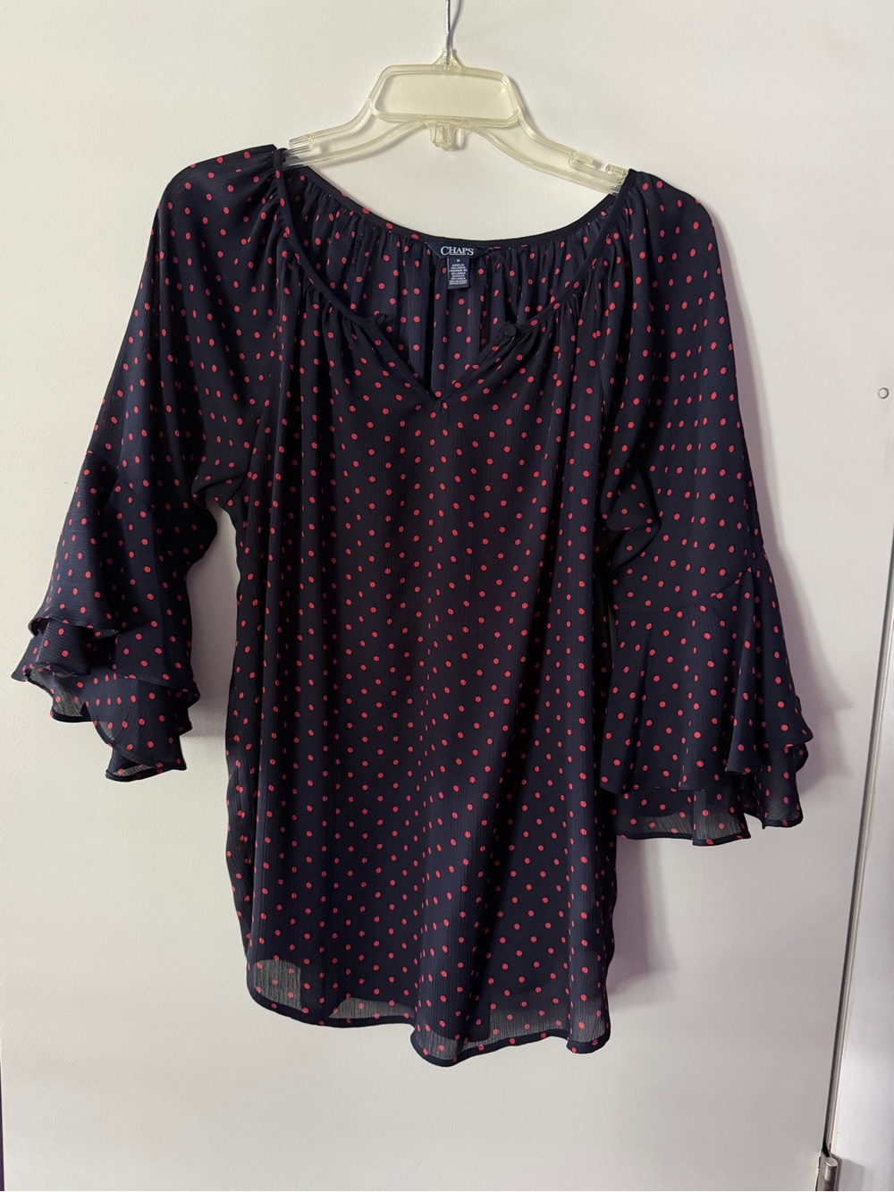 Chaps Navy Blouse with Red Polka Dot Print and Ruffled Bell Sleeves